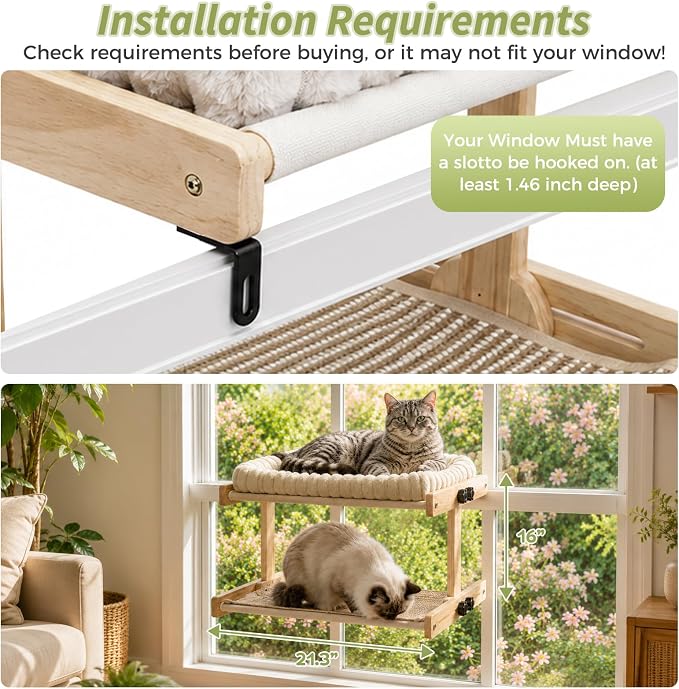 Teabelle Double Layer Cat Window Perch with 3 Interchangeable Mats | Bedside Sleeper, Adjustable Solid Wood Tree Cat Hammock for Small & Medium Breeds, Sturdy Window Bed(Plush, Sisal, Canvas)