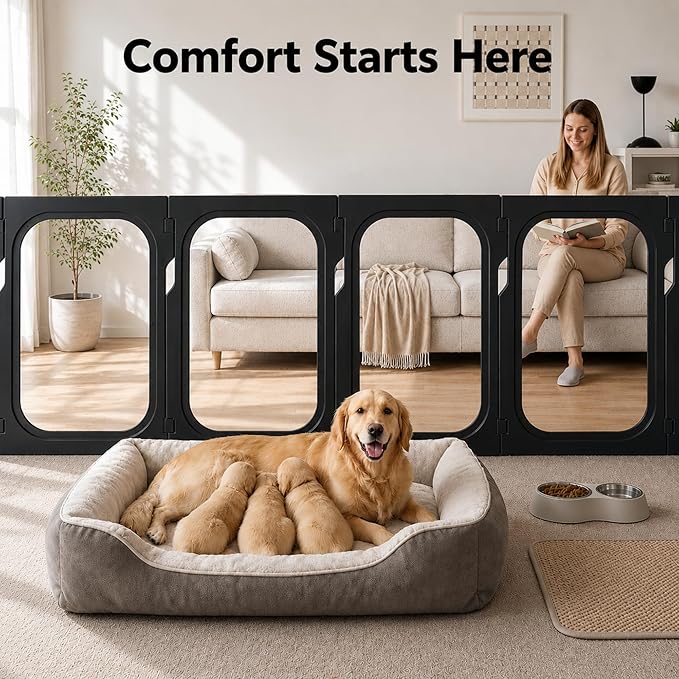 Acrylic Clear Dog Playpen Indoor with Door, 26'' H Transparent Dog Play Pen for Small Dogs, No-Connector Modular Puppy Playpen with Integrated Suction Cups Base, 12 Panels, Black