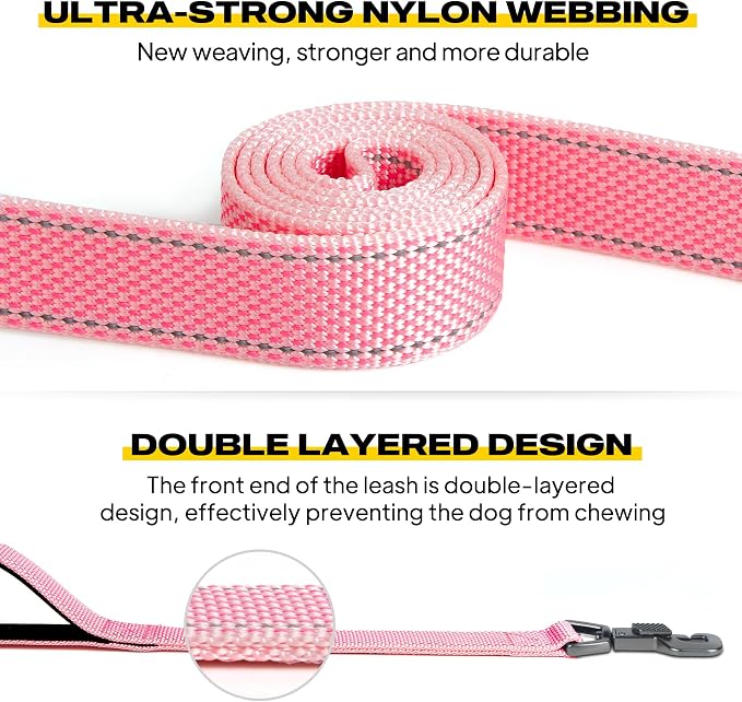 Fida 5 FT Heavy Duty Dog Leash with 2 Comfortable Padded Handles, Traffic Handle & Advanced Easy Snap Hook, Reflective Walking Lead for Large, Medium & Small Breed Dogs, Pink