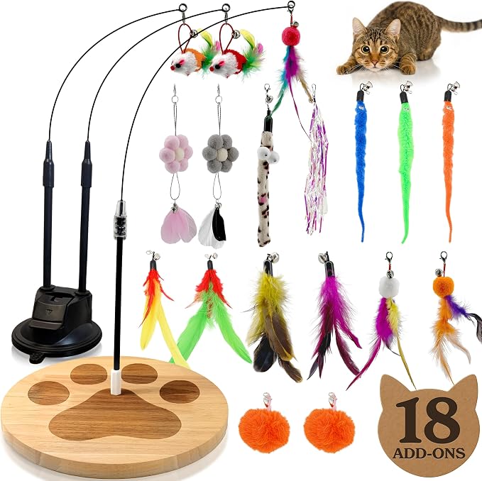 Cat Toys for Indoor Cats, Interactive Cat Toy Wand, Kitten Stuff, 18 Lures | Heavy Stable Base Prevents Toppling, Dual Suction Cup For Extra Play Options, Trigger natural feline hunting instincts today