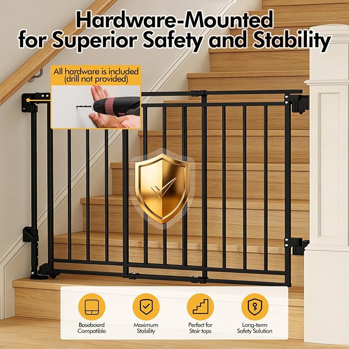 Extra Wide 29" Tall Baby & Dog Gate, 32-54" Wide Hardware Mount Gate,Black | Auto-Close design,Two-Way Swing, No Bottom Bar,Must Drill to Install