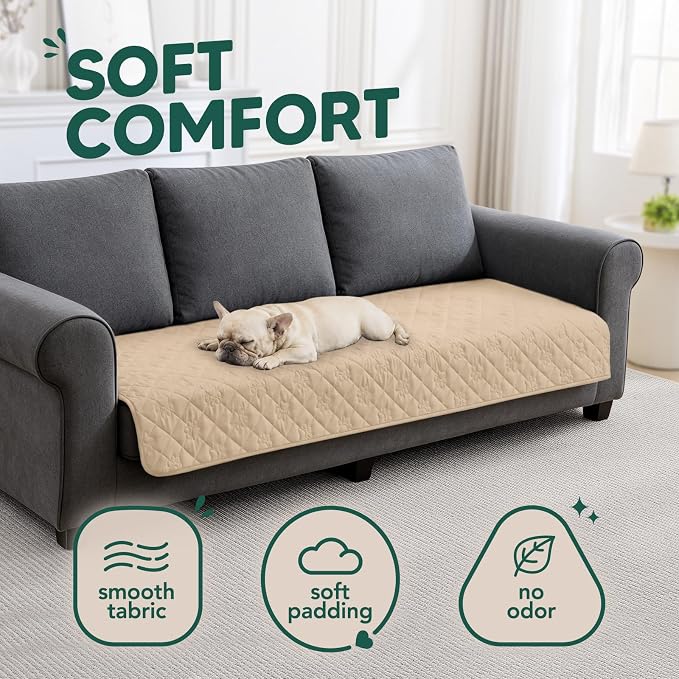 PAWFINITY Waterproof Couch Covers for Dogs, Pet Blanket for Sofa Washable | Paw Print Quilted, Hair Resistant, Anti Cat Scratch, Pee Proof Furniture Protector for 3 Seat Sofa and Bed, 30x70 Inch, Beige