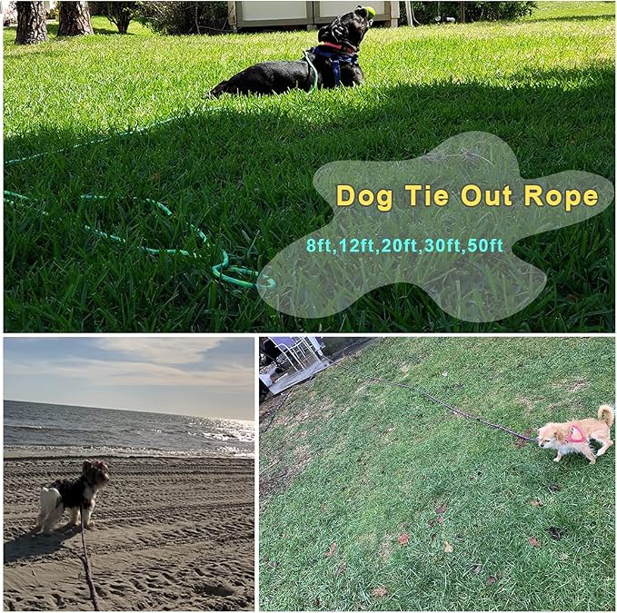 BTINESFUL 8ft/12ft/20ft/30ft/50ft/75ft Dog Tie-Out Long Tether Rope Leash, Outdoor Dog Lead for Yard- Large Medium Dogs Outside Training, Playing, Camping, Backyard (20 Foot, Green)