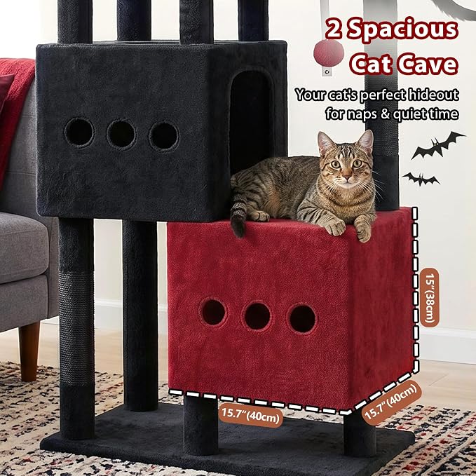 Gitelsnour Cat Tree, Sturdy Cat Tower with 2 Spacious Cat Condos GCT029BR | 60" Stable Base Cat Furniture for Large Cats with Wide Top Perch, Cozy Cat Basket, Sisal Scratching Posts & Toys, Black & Red