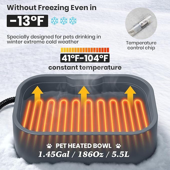 1.45 Gal/5.5L Heated Water Bowl, Extra Large Heated Dog Bowls for Outside, Safety Listed Heated Pet Bowl with Anti-Chew Cord for Dog & Cat Drinking Water in Winter, BPA-Free, Anti-Slip Base(Grey)