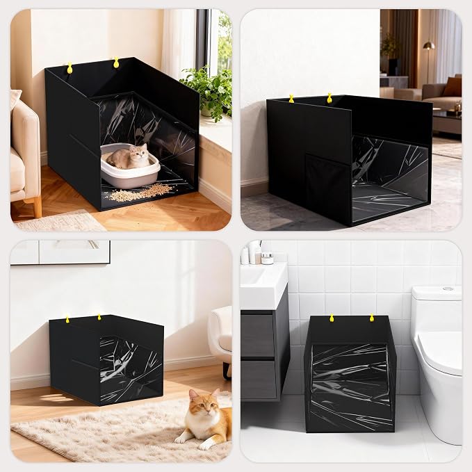 Aokeyee Black Waterproof Cat Litter Box Enclosure Splash Guard | 27.16x21.65x16.53, Removable PVC Mat with 2 Hooks, Foldable Anti-Leakage Dust Control