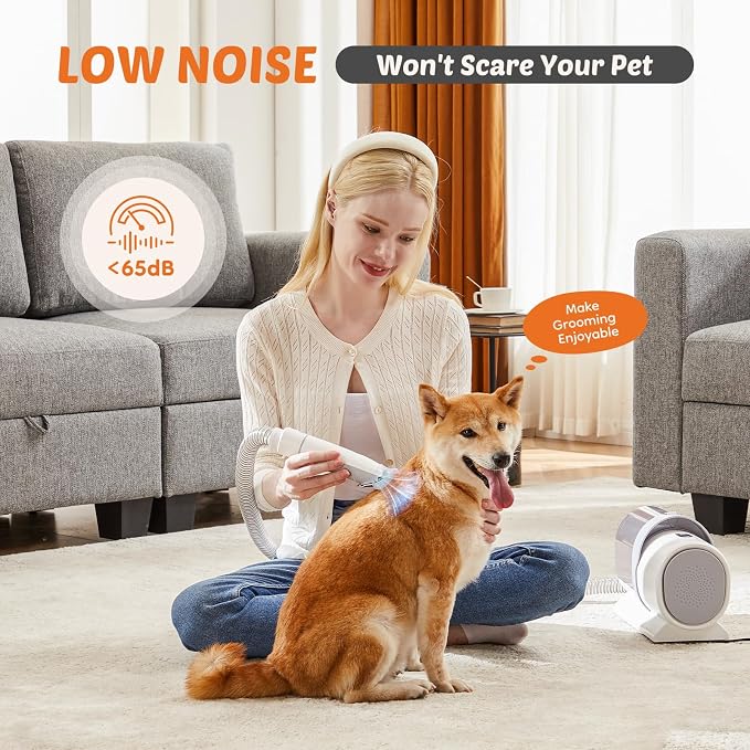 DUMOS Pet Grooming Vacuum Kit, 3 Adjustable Suction Modes | Dog Hair Clipper, 5 Professional Grooming Tools with Low Noise Cat Hair Clippers, 2.5L, Ivory