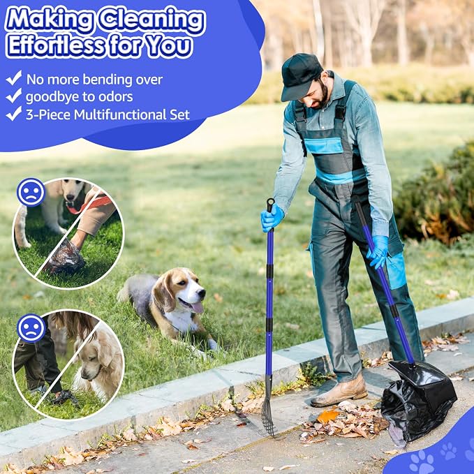 SlowTon Dog Pooper Scooper, 37.4" Long Handle Poop Scoop for Large Dogs | Adjustable, Portable, Non Breakable, with 20 Waste Bags, Swivel Extra Large Bin & Rake & Spade Kit, for Gravel Lawn Grass