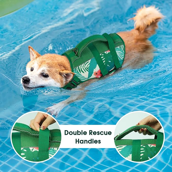 Kuoser Dog Life Jacket, High Flotation Reflective Dog Life Vest, Printed, M | Adjustable Dog Lifejackets for Small Medium Large Dogs, Lifevest with Rescue Handle for Swimming, Boating, Lake, Beach & Pool