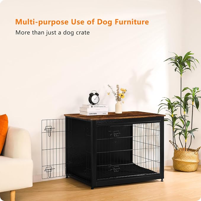 DWANTON Dog Crate Furniture with Cushion, Wooden Kennel Table with Double Doors, Indoor Dog House, Large Size, 38.5" L, Black+Rustic Brown