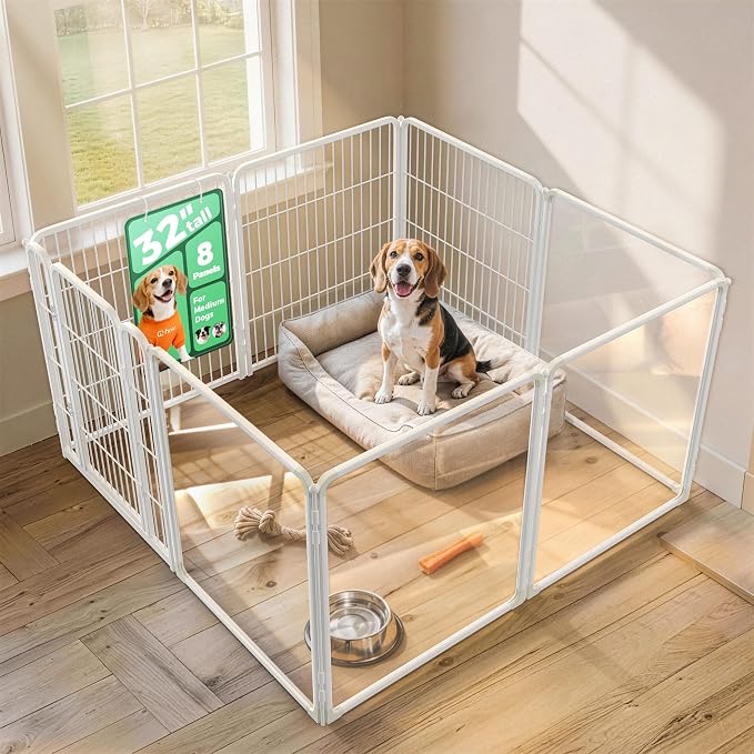 FXW AuraSpace Pro Acrylic & Wire Mesh Indoor Dog Playpen, 32" H, 8 Panels | Clear View, Heavy-duty Metal, Flexible Layouts, Easy Walk-Through, For Small & Medium Dogs, Patented