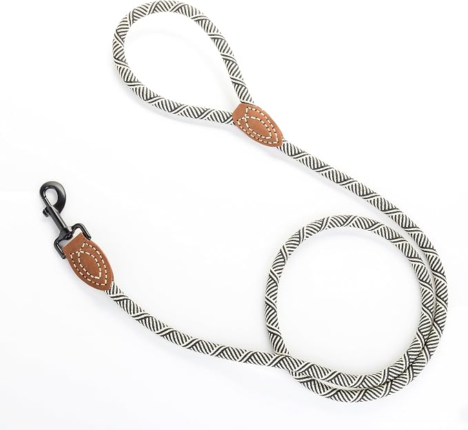 Mile High Life Dog Leash with Genuine Leather Connection, 6 FT/5 FT/4 FT | Rope Leash, Heavy Duty 360° Swivel Metal Clasp, for Small Medium & Large Dogs (White Beige, 48 Inch)