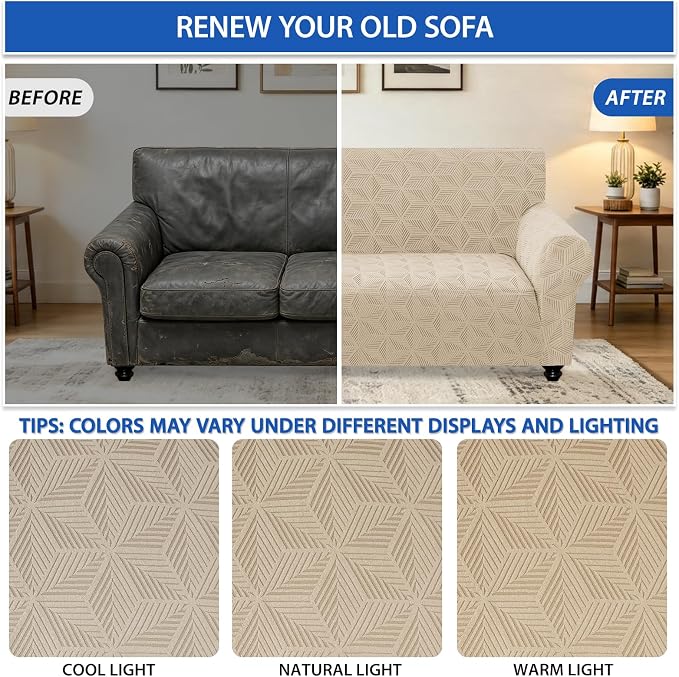 ZNSAYOTX Stretch Couch Cover, 1 Piece Sofa Covers for 3 Cushion Couch, Jacquard Sofa Slipcovers with Elastic Bottom Thickened Furniture Protector for Dog Cat Pet (Large, Khaki)