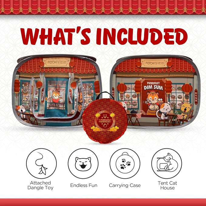 Cat House & Tent for Indoor Cats – Pop-Up Cat Tent House with Catnip Toy, Restaurant Theme for Cats & Kittens, Mochi’s Dim Sum Palace