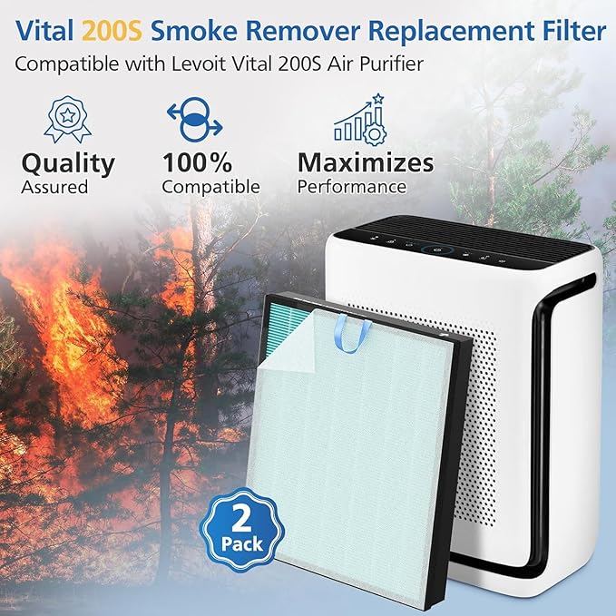 Vital 200S-P Smoke Replacement Filter for LEVOIT Vital 200S-P Air Purifier | 4-in-1 High-Efficiency Filtration with Activated Carbon Vital 200S Filter for Smoke, Ash, Dust, Vital 200S-RF-SR,2 Pack, Blue
