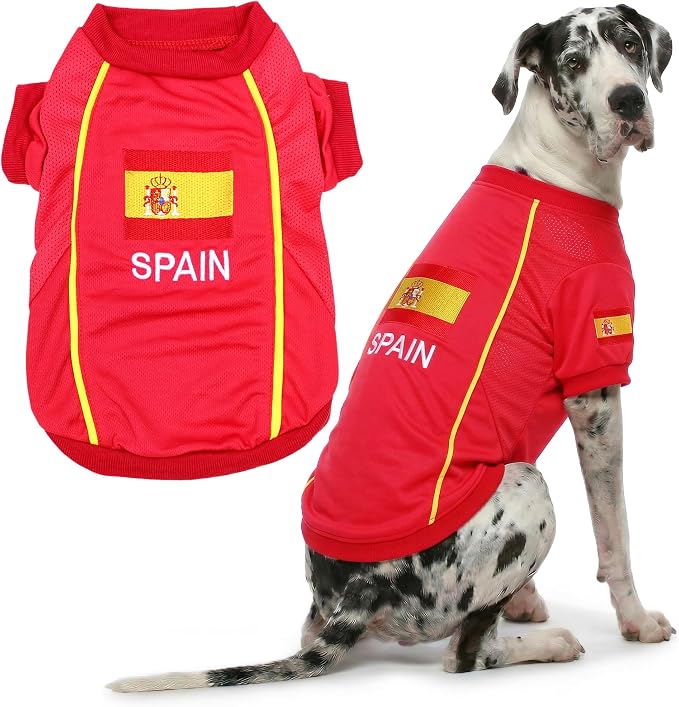 Parisian Pet Spain Dog Jersey - Breathable Mesh Puppy Football Jersey - Lightweight Stretch Sporty Dog Clothes - Summer Shirts for Large Dogs - Soccer Jersey for Dogs - Sportswear Pet Clothes