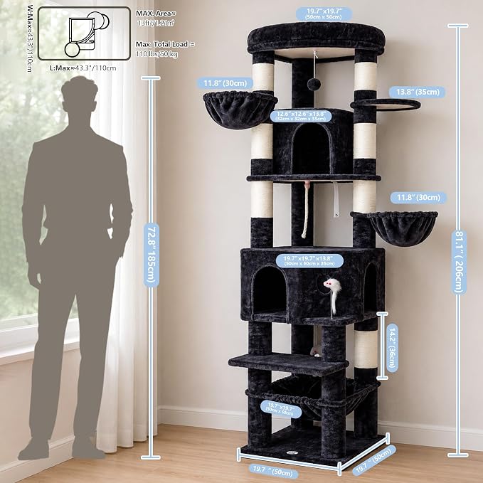 Cat Tree, 81.1" Skyward Corner Cat Tower for Large Cats VCT031G | Space-Smart Cat Furniture with Diamond Hideout, Grand Platform, Firm Base, 3 Soft Hammock & Pet Relax Station, Dark Gray