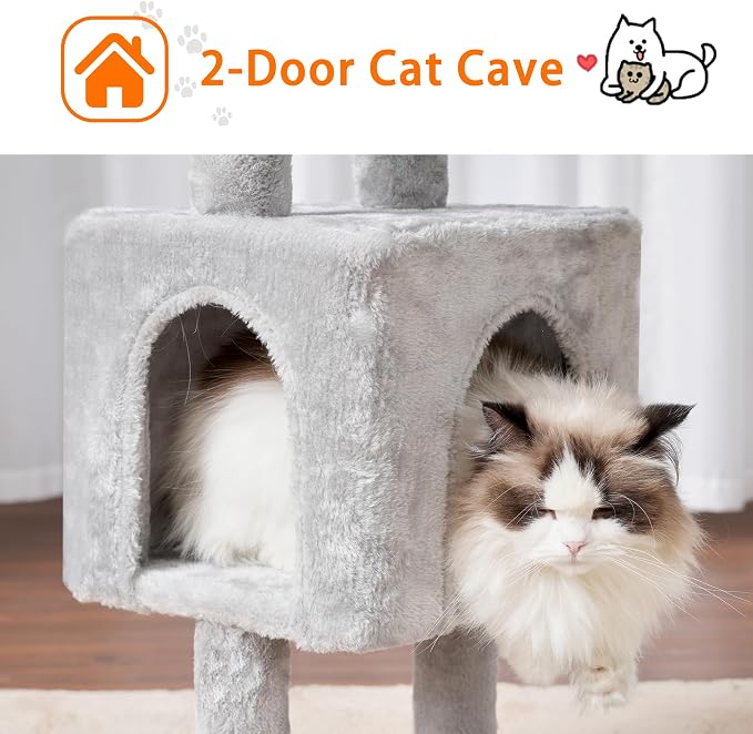 Heybly Cat Tree, 40" Tower with All-Sisal Wrapped Scratching Post HCT006SW | Cat Tower for Indoor Cats, Cat Condo with Soft Platform, 2 Baskets and Dangling Toy, Light Gray