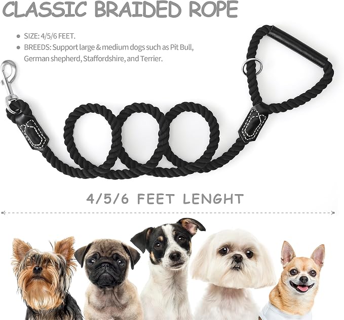 Mile High Life Dog Leash Braided Cotton Rope w/Leather-Wrapped Ends/Handle | Rust-proof 360° swivel clasp, Heavy-duty for medium/large breeds. Great for weddings, daily walks (4 FT, 1/2", Black)