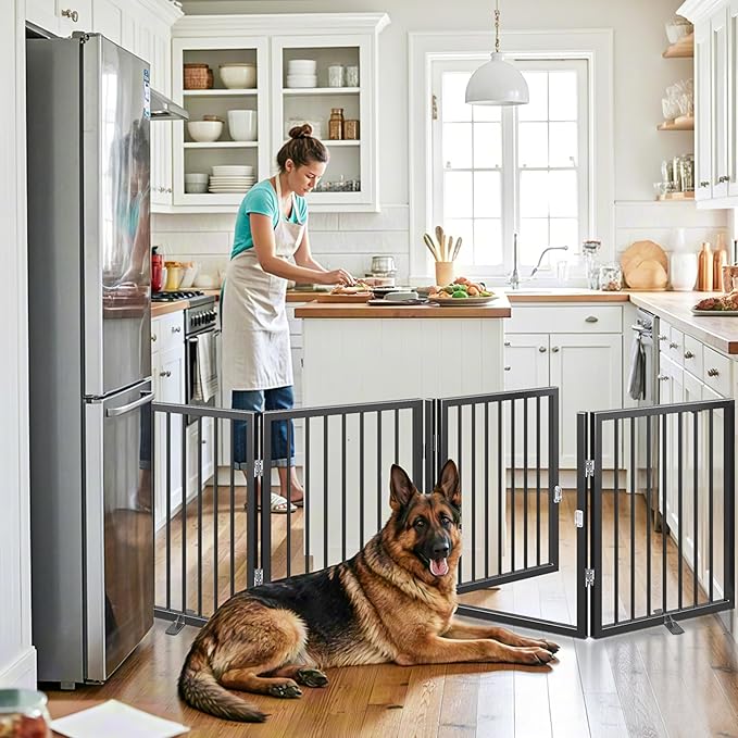 Vantas 80" x 24" Foldable Freestanding Extra Wide Dog Gate with Door,Black | Pet Gate for Stairs and Doorways, Renter Friendly No Drill, Indoor Pet Fence Extra Wide, Easy Storage, With Support Feet