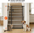 Jekriuet 57" Extra Tall Pet Gate, 27.5"-38.5" Wide, Black | Dog Cat Gate for Doorways Hallways Stairs,Pressure Mounted 1.18" Ultra Narrow Gap No Drilling One-Handed Auto-Close