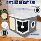 Cat Beds for Indoor Cats, Large Cat Cave Bed with Scratch Pad and Fluffy Ball, Foldable Cat Hideaway, Cat House with Reversible Cushion for Multi Small Pet Up to 30LBS, Grey