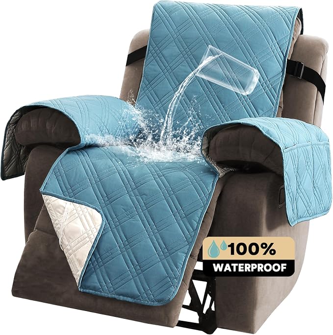 Recliner Cover 100% Waterproof Couch Cover Sofa Cover for Living Room Water Resistant Furniture Protector with Elastic Straps for Pets Dog(Recliner28,Smoke Blue)