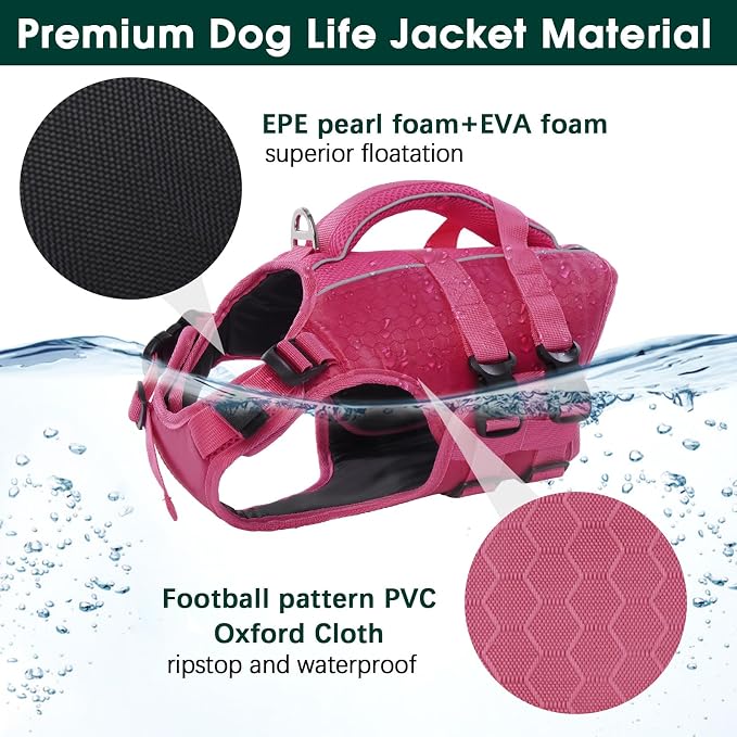 Kuoser Dog Life Jacket, High Flotation Reflective Dog Life Vest, Rose, L | Adjustable Dog Lifejackets for Small Medium Large Dogs, Lifevest with Rescue Handle for Swimming, Boating, Lake, Beach & Pool