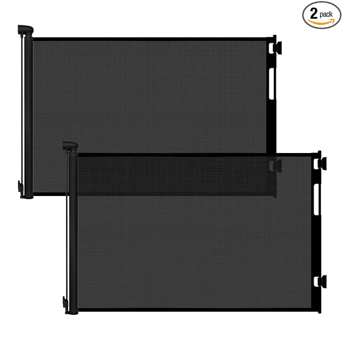 (2 Pack) Retractable Baby Gate for Stairs and Doorways, 55" Wide x 33" Tall Mesh Dog Gate for Indoor & Outdoor Use, Safety Gate for Babies and Pets, Child Gates for Hallways, Hardware Mounted, Black