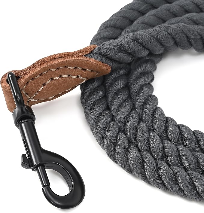 Mile High Life Dog Leash Braided Cotton Rope with Leather-Reinforced Ends | Rust-proof 360° swivel clasp, Heavy-duty for medium/large dogs. Great for weddings, daily walks (4 FT, 1/2", Dark Gray)