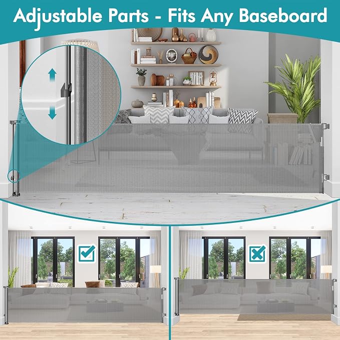 140" Extra Wide Retractable Baby Gate Extra Long Dog Gate Indoor Outdoor | Retractable Fence for Large Openings, Garage Dog Gate, Space-Saving, Easy to Use, Safety Lock, Sturdy Mesh, Easy Install/Gray
