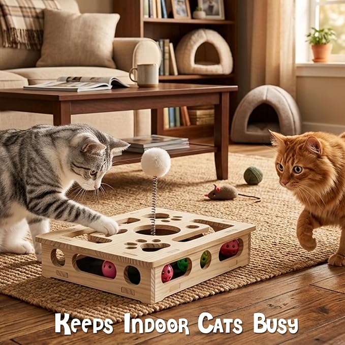 Cat Nail File Scratcher - Solid Wood Puzzle Enrichment Box for Indoor Cats | Interactive Cat Puzzle Box with Cat-Safe 100 Grit Pad for Cat Claw Care,4 Bell Balls, Spring Teaser,Tool-Free, Splinter-Free
