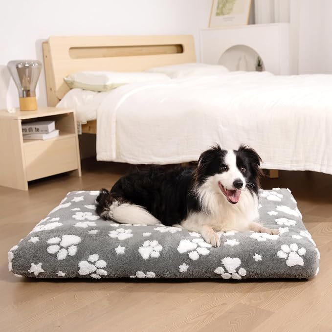 Cute Fluffy Dog Beds for Small Medium Dogs, 30"x 20", Grey Paw | Thick Dog Bed for Crate Kennel, Pet Bed with Removable Washable Cover, Anti-Slip Bottom