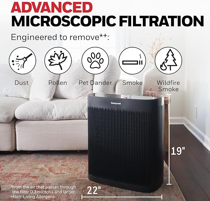 Honeywell HEPA Air Purifier for Home and Extra Large 2423 Ft² Rooms, Black | Powerful HEPA Filtration, Air Quality Monitor, Turbo and Auto Mode, Reduces Allergens, Dust, Pollen, Pet Dander, Odors, Smoke