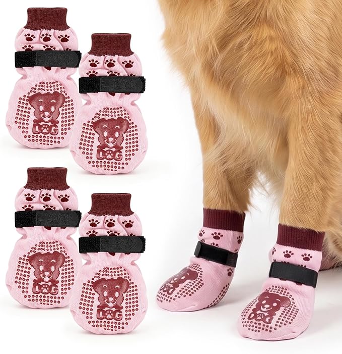 Dog Shoes for Hot Pavement, Breathable Dog Booties to Prevent Licking Paws for Paw Protector Non Slip Puppy Grippy Socks & Paw Covers for Hardwood Floor (Pink, L)