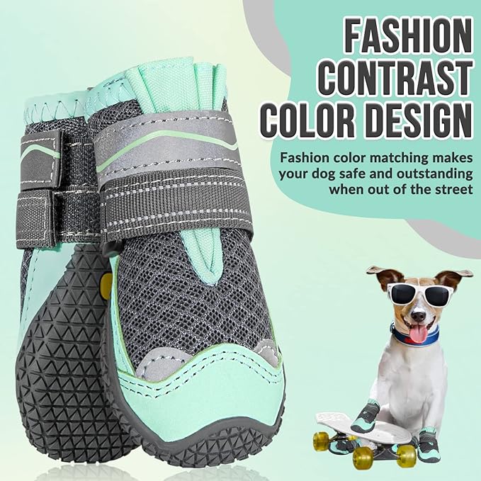 SlowTon Dog Shoes for Large Small Medium Dogs - Breathable Dog Boots for Summer Hot Pavement, Paw Protector for Outdoor Walking Winter Snow, Anti-Slip Rubber Dog Booties for Hardwood Floor (Green, 0)