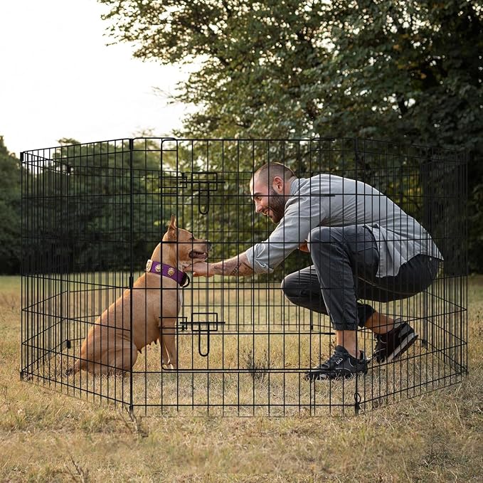 Artmalle 30-Inch Dog Playpen with Top Cover, 8-Panel Rustproof Fence | 30-inch rustproof 8-panel dog playpen with mesh top cover, foldable setup and flexible shapes for indoor or outdoor use.