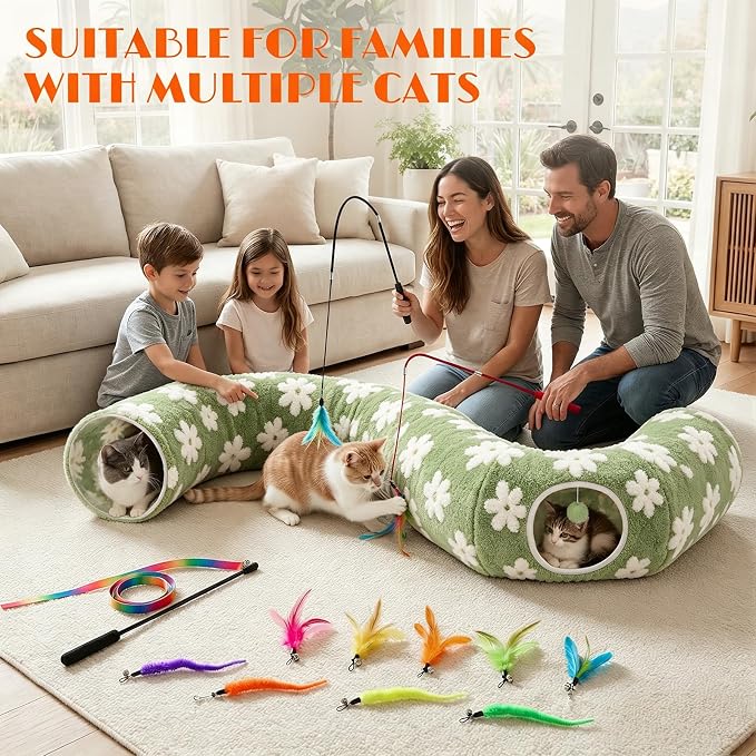 Cat Tunnel Bed with Interactive Cat Toys - Cat Tunnels for Indoor Cats | Donut Tunnel with Hideaway & Cushion, and Interactive Toys for Kitten, A Peekaboo Cave That'S Perfect for Indoor Pets to Play