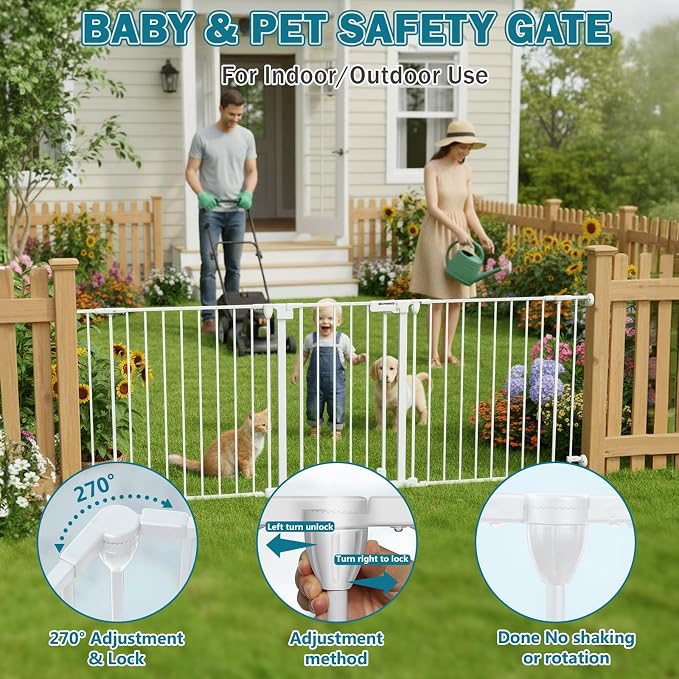 Mumeasy 80" Extra Wide Baby Gate for Doorways & Stairs, Dog Gate Indoor | Hardware Mounted Pet Gate, Auto Close Walk Thru Door, Large Child Safety Fence for Outdoor, Deck, Yard, 3 Metal Panels, White