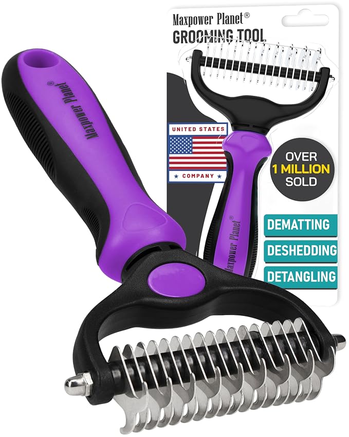 Maxpower Planet Pet Grooming Brush - Double Sided, Extra Wide for Dogs and Cats - Dematting Undercoat Rake, Reduces Shedding by 95%, Purple | Purple, For Dogs & Cats, Anti-Slip Handle, Removes Mats & Tangles, Reduces Shedding, Gift for Pet Lovers