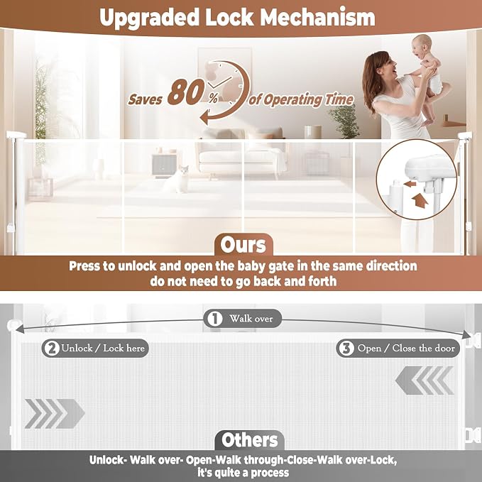 160" Retractable Baby Gate Extra Wide, 41" Tall Retractable Dog Gate for Stairs, Doorways, Decks, Mesh Gate Long Child Gate Pet Gate for Indoor, Outdoor, with Reinforced Mesh Rods, Dual Locks