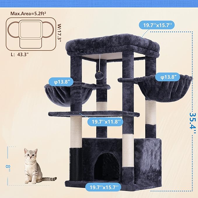 Hey-brother Cat Tree Tower with Large Platform, Spacious Condo, MPJ060G | 35.4 Inches, 2 Cozy Hammocks, Self-Grooming Brush, Sisal Scratching Posts for Big Indoor Adult, Maine Coon, Smoky Gray
