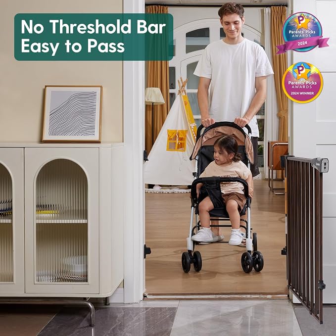 Babelio No Bottom Bar Baby Gate, 28" H x 26-43" W, Black Wood Pattern | Easy Install| One-handed Opening| Auto-close| Drill Needed Indoor Safety Dog/Pet Gate for Stairs, Hallways & Doorways