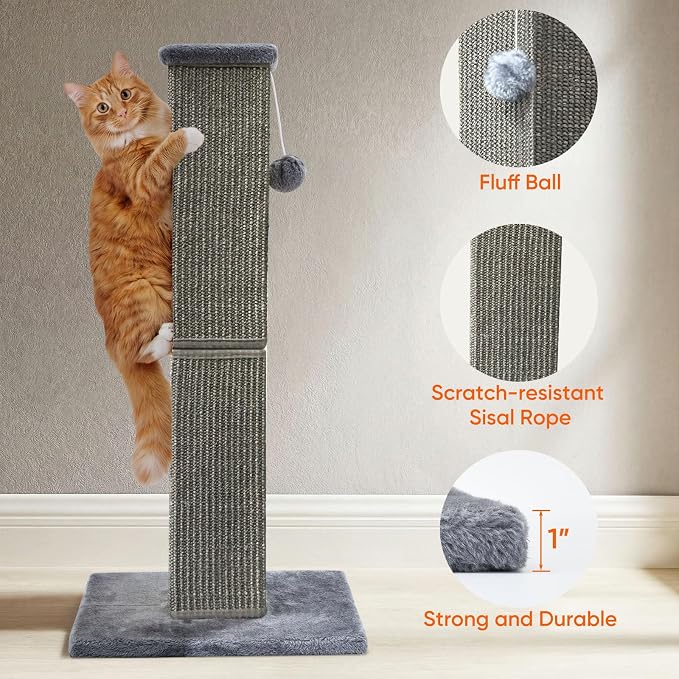 Cat Scratching Post for Indoor Cat, 32 Inch Large Cat Scratcher | Sisal Cat Scratcher with Sturdy Base for Cat Adults, Cat Scratch Post with Vertical Stretch Space, Dark Grey