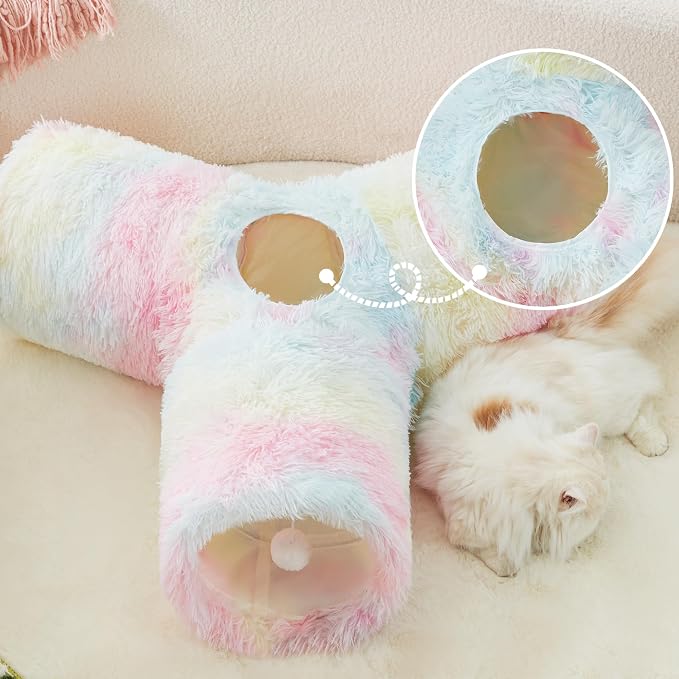 Tempcore Plush Pet Cat Tunnel Tube Cat Toys 3 Way Collapsible, Tunnels for Indoor Cats，Kitty Tunnel Bored Pet Toys Peek Hole Ball Puppy, Kitty, Kitten, Rabbit Rainbow