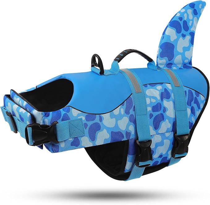 ASENKU Dog Life Jacket - Pet Safety Vest for Swimming & Boating, Shark Life Jacket with Floatation, Dog Lifesavers Swimsuits for Small Medium Large Dogs (Blue Cow Print, M)
