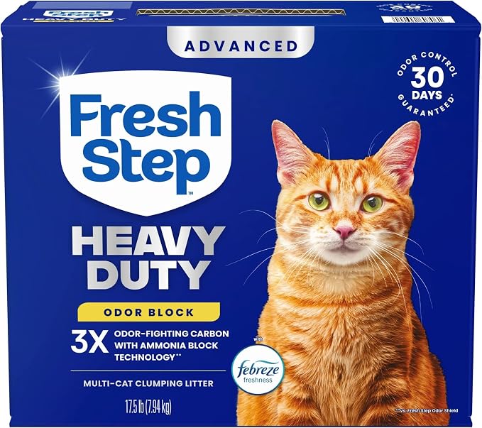 Fresh Step Advanced Heavy Duty Multi Cat Clumping Cat Litter with Febreze Freshness, Low Dust, Odor Control with Ammonia Block Tech, Compatible in Automatic Litter Boxes, 17.5 lb | Heavy Duty, Odor Control, 3X Odor-Eliminating Carbon, Ammonia Block Tec...