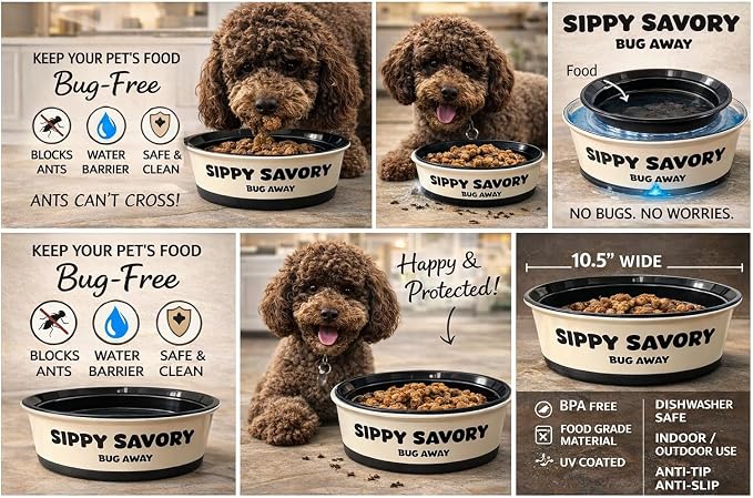 Ant Proof Dog Bowl & Cat Bowl with Water Moat by Sippy Savory® - Bug Proof Pet Feeding Bowl, BPA-Free Non-Slip Food Bowl for Indoor & Outdoor Dogs and Cats, Dishwasher Safe, Beige and Black.