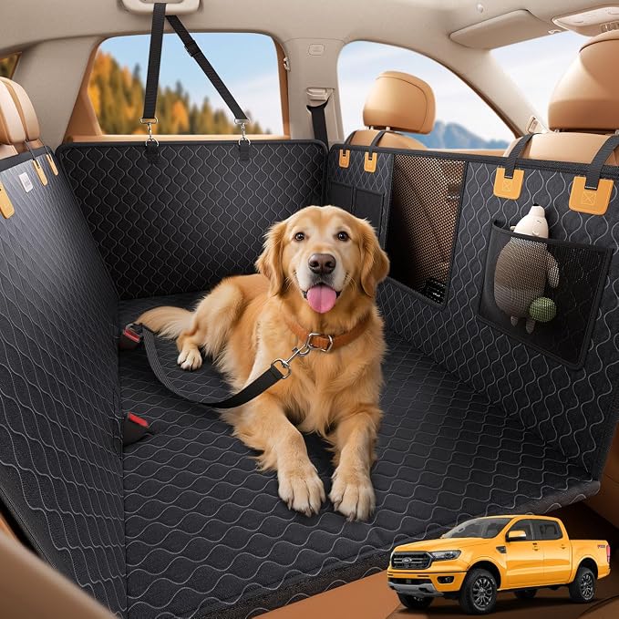 Lamicall Dog Car Seat Cover for Back Seat with Hard Bottom for Truck XL | Upgraded Anti-Ripped Back Seat Extender for Dogs, Waterproof Dog Hammock for Car with Mesh Window, Pet Backseat Protector
