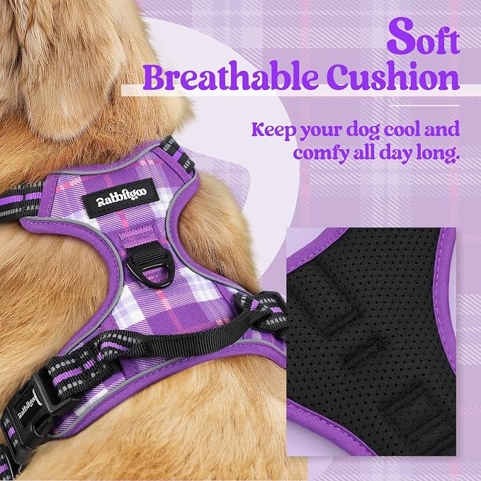 rabbitgoo Dog Harness, No Pull for Large Dogs with 2 Leash Clips, Pet Vest | No Choke with Handle, Adjustable Soft Padded, Reflective, Easy Control for Walking, Purple Plaid, Large